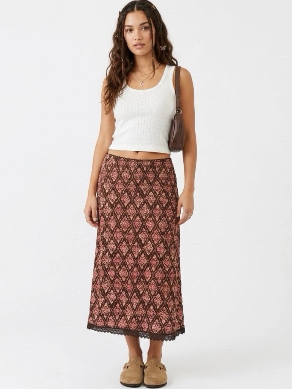 Style & Co Y2K Midi Skirt 6 Brown Pink Diamond Crochet Lace Hem A-Line Fall Boho